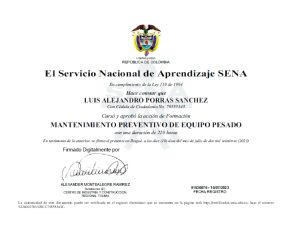 Certificado Mantenimiento Preventivo de Equipo Pesado