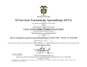 Certificado Operar maquinaria agrícola según manual técnico - Tractor - Avanzado